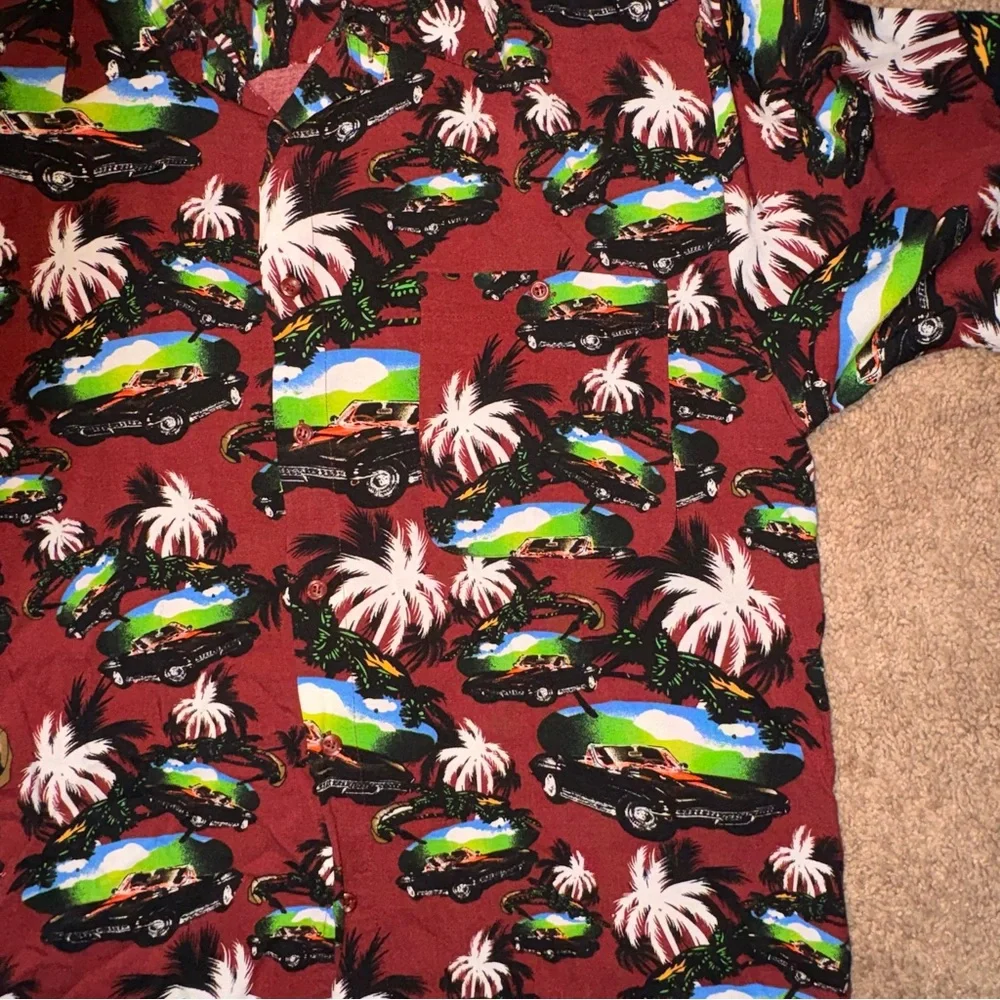 Puritan Hawaiian Shirt Mens Large Red Tropical Cars Palm Tree Button Up - Picture 4 of 6